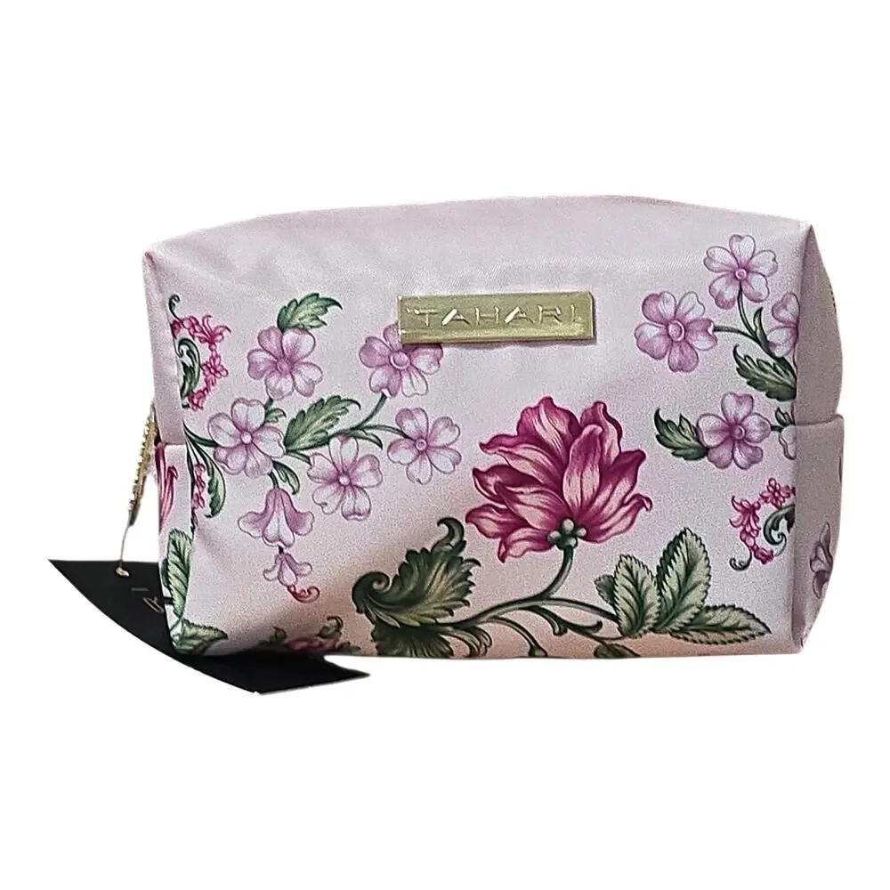 Tahari Pink Floral Medium Cosmetic Bag Makeup Travel Case Toiletry Pouch NWT